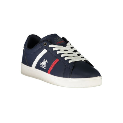 Athletic Sneakers by U.S. Grand Polo for men in polyester & polyurethane blue & print showcases a architectural silhouette, artfully capturing the essence of the Men's Athletic Polyester & Polyurethane Sneakers with its signature architectural athletic style construction.