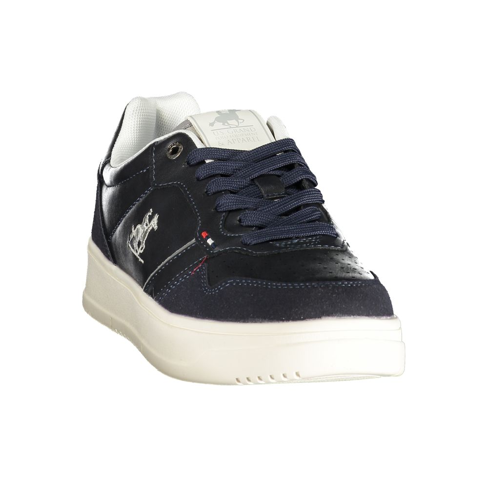 Athletic Sneakers by U.S. Grand Polo for men in polyester & polyurethane black, blue & print features an architectural silhouette from the Men's Athletic Polyester & Polyurethane Sneakers collection, showcasing a architectural athletic style for a architectural look.
