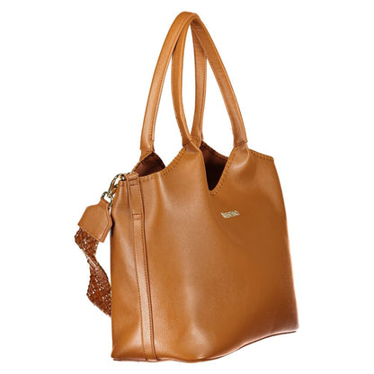 This Handbag by Mario Valentino for women in polyethylene and brown presents a sculptural silhouette featuring a secure snap & zipper, ample external-pockets & internal-pockets, and versatile shoulder-strap & handle for a sculptural finish.