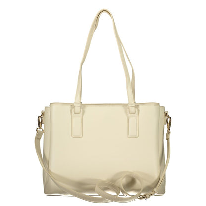 Handbag by Mario Valentino for women in polyethylene beige features a ornamental silhouette, showcasing a secure zipper, ample document-holder, external-pockets & internal-pockets, and ornamental shoulder-strap, adjustable-strap & handle for a sophisticated look.