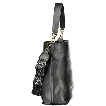 Shoulder Handbag by Mario Valentino for women in polyethylene black features a signature silhouette, showcasing a secure zipper and signature document-holder & internal-pockets with versatile shoulder-strap & handle for a sophisticated look.
