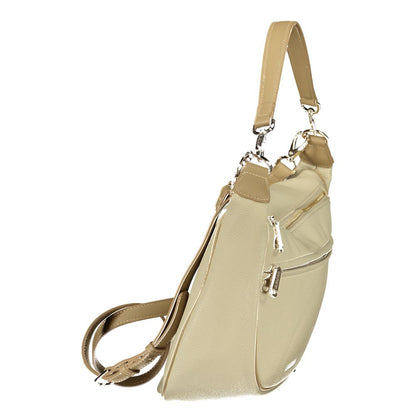 Handbag by Mario Valentino for women in polyethylene beige features an refined silhouette, showcasing a secure zipper, ample document-holder, external-pockets & internal-pockets, and versatile shoulder-strap, adjustable-strap, detachable-strap & handle for a sophisticated refined aesthetic.