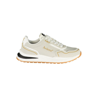 Athletic Sneakers by Avirex for men in polyester & polyurethane gray & print features an architectural silhouette, showcasing the premium athletic style of the Men's Athletic Polyester & Polyurethane Sneakers with an architectural finish.