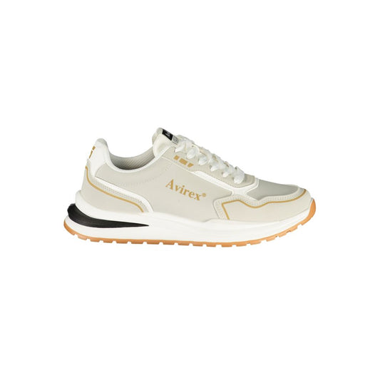 Athletic Sneakers by Avirex for men in polyester & polyurethane gray & print features an architectural silhouette, showcasing the premium athletic style of the Men's Athletic Polyester & Polyurethane Sneakers with an architectural finish.