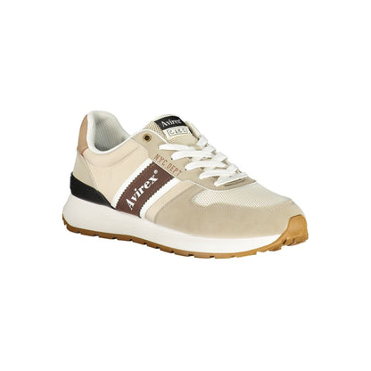 Athletic Sneakers by Avirex for men in polyester & polyurethane beige, brown & print showcases a architectural silhouette, artfully capturing the essence of the Vivian Men's Athletic Polyester & Polyurethane Sneakers with its signature architectural athletic style construction.