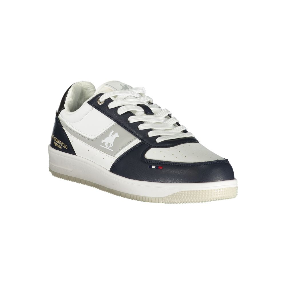 Athletic Sneakers by U.S. Grand Polo for men in polyester & polyurethane blue, gray, white, signature-print & print showcases a architectural silhouette, artfully capturing the essence of the Men's Athletic Polyester & Polyurethane Sneakers with its signature architectural athletic style construction.