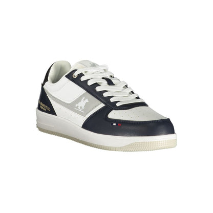 Athletic Sneakers by U.S. Grand Polo for men in polyester & polyurethane blue, gray, white, signature-print & print showcases a architectural silhouette, artfully capturing the essence of the Men's Athletic Polyester & Polyurethane Sneakers with its signature architectural athletic style construction.