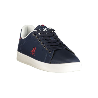 Athletic Sneakers by U.S. Grand Polo for men in polyester & polyurethane blue, red & print features an architectural silhouette, showcasing the premium athletic style of the Men's Athletic Polyester & Polyurethane Sneakers with an architectural finish.