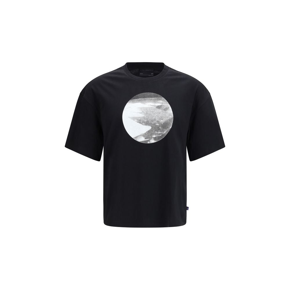 Activewear T-Shirt by ALPHA INDUSTRIES for men in cotton black & print presents a kinetic silhouette, showcasing the kinetic and crew neckline alongside functional for a premium, athletic look.