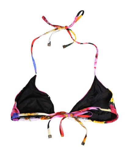 Dolce & Gabbana Black Floral Print Nylon Halter Bikini Top Swimwear