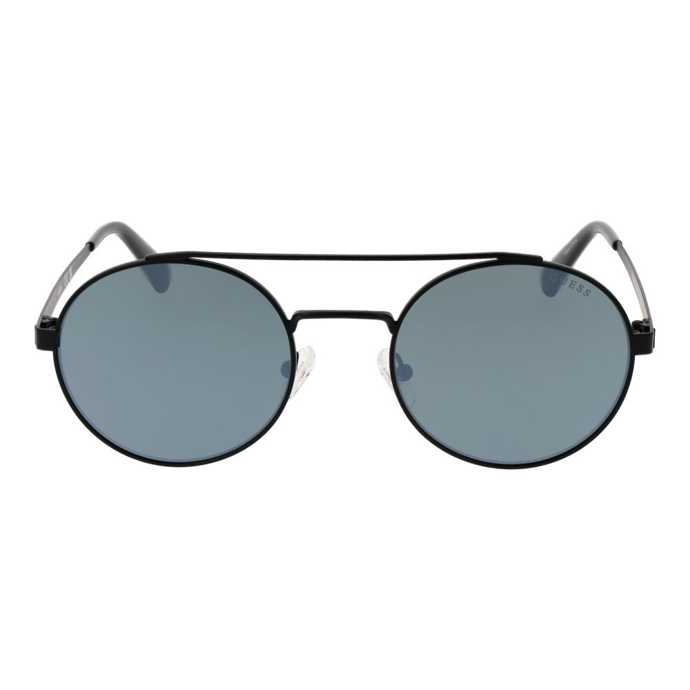 Sunglasses by Guess for women in metal and black featuring an opulent full-rim round frame design with a sophisticated black coloured frame finish and high-performance mirrored category-3-dark-tint lens.
