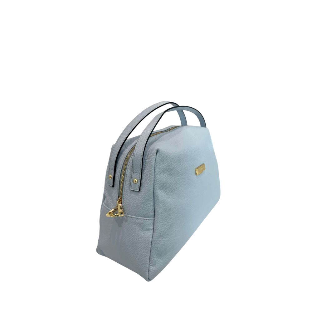 Shoulder Clutch Handbag by Baldinini Trend for women in cowhide blue & gold features an sculptural silhouette, showcasing a secure zipper and sculptural built-in-compartments with versatile shoulder-strap for a sophisticated look.