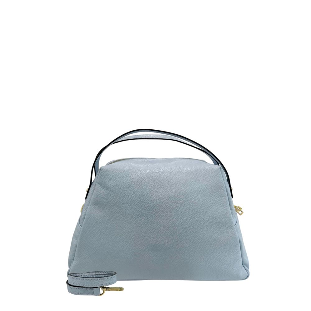 Shoulder Clutch Handbag by Baldinini Trend for women in cowhide blue & gold showcases a sculptural silhouette, featuring a secure zipper, ample built-in-compartments, and versatile shoulder-strap for a sculptural aesthetic.