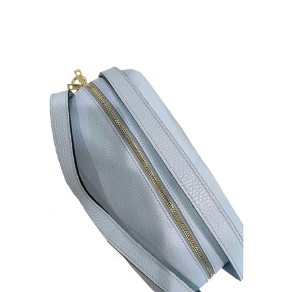 Shoulder Clutch Handbag by Baldinini Trend for women in cowhide blue & gold features an sculptural silhouette, showcasing a secure zipper and sculptural built-in-compartments with versatile shoulder-strap for a sophisticated look.