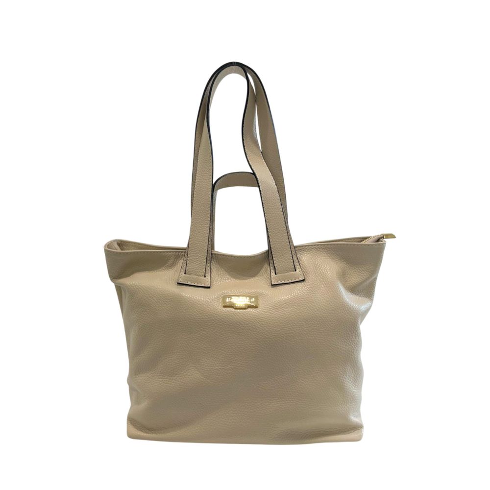 Shoulder Clutch Handbag by Baldinini Trend for women in cowhide beige & gold features a architectural silhouette, showcasing a secure zipper, ample built-in-compartments, and versatile shoulder-strap for a architectural finish.