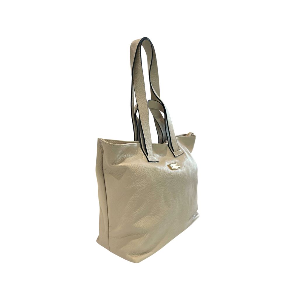 Shoulder Clutch Handbag by Baldinini Trend for women in cowhide beige & gold features a statuesque silhouette, showcasing a secure zipper and organized built-in-compartments with versatile shoulder-strap for statuesque evening wear.