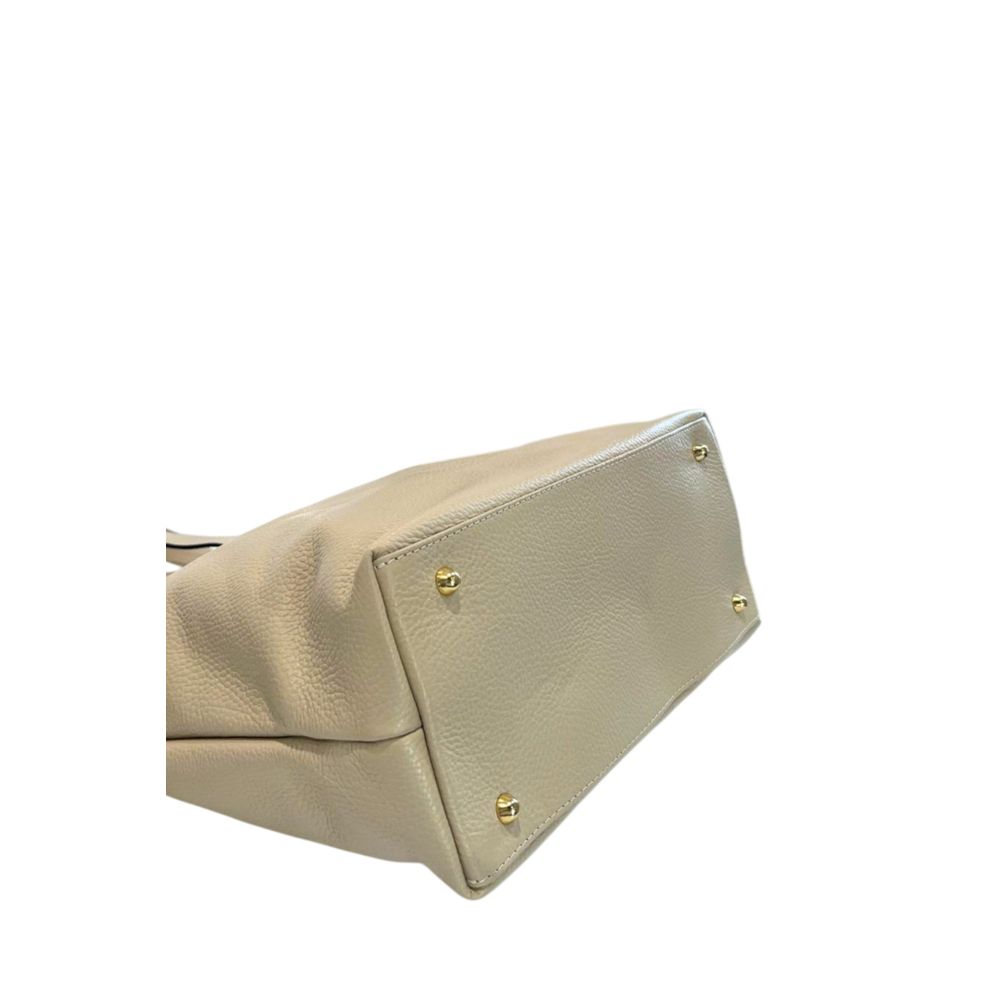 Shoulder Clutch Handbag by Baldinini Trend for women in cowhide beige & gold features an sculptural silhouette, showcasing a secure zipper and sculptural built-in-compartments with versatile shoulder-strap for a sophisticated look.