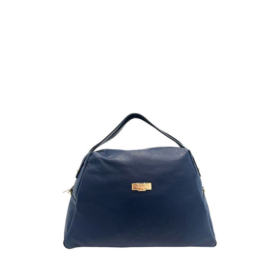 Shoulder Clutch Handbag by Baldinini Trend for women in cowhide blue & gold features an sculptural silhouette, showcasing a secure zipper and sculptural built-in-compartments with versatile shoulder-strap for a sophisticated look.