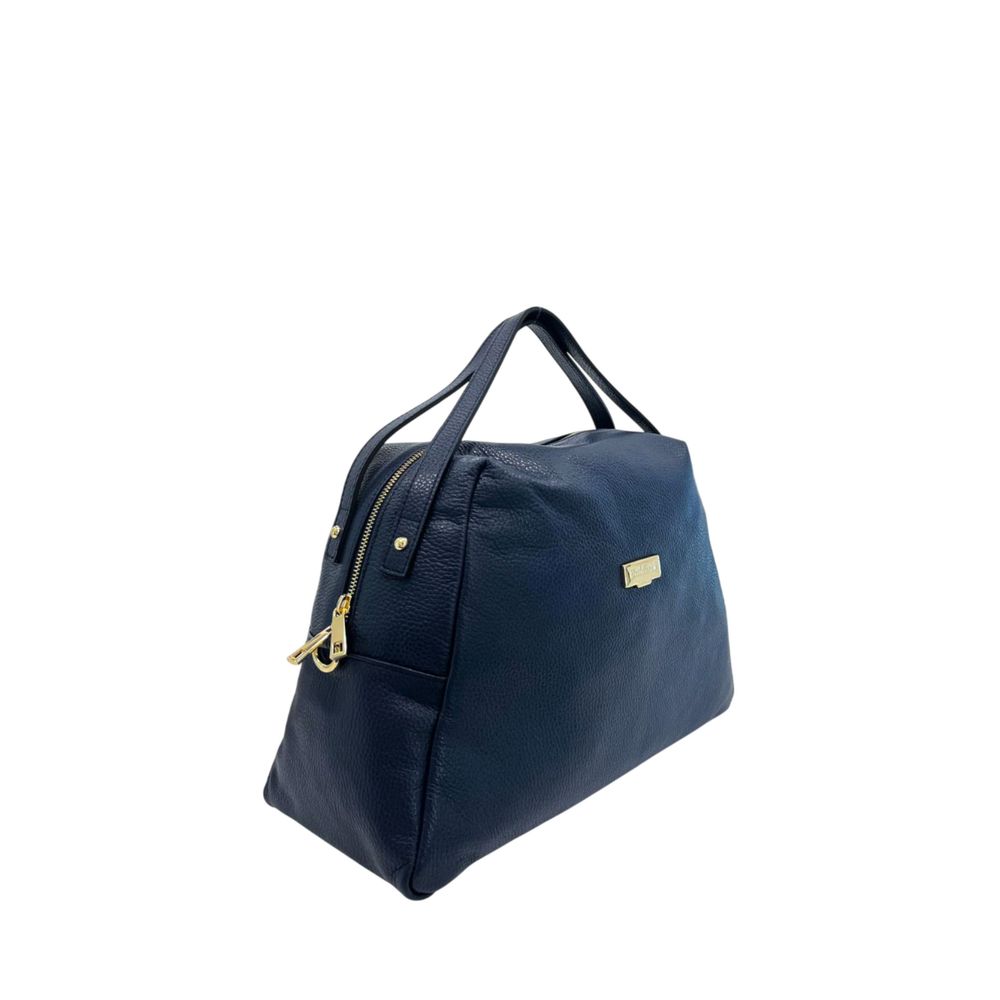 Shoulder Clutch Handbag by Baldinini Trend for women in cowhide blue & gold features a statuesque silhouette, showcasing a secure zipper and organized built-in-compartments with versatile shoulder-strap for statuesque evening wear.