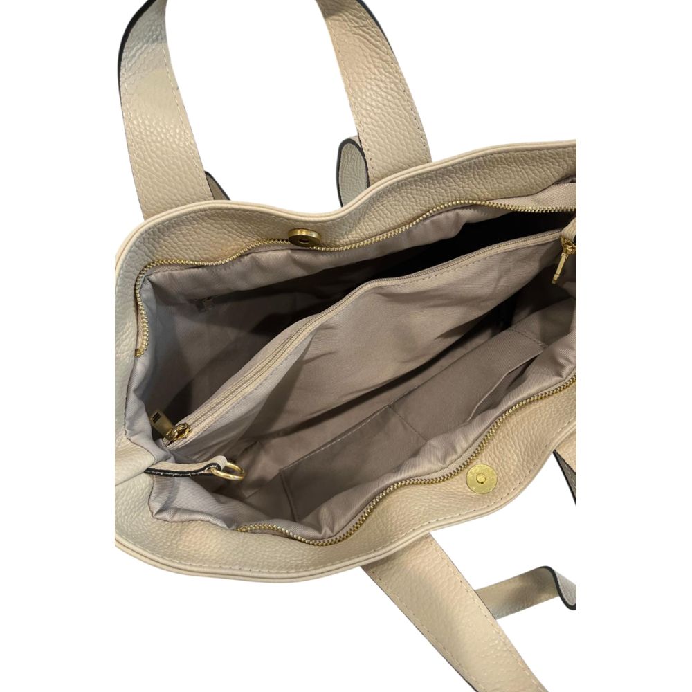 Shoulder Clutch Handbag by Baldinini Trend for women in cowhide beige & gold showcases a sculptural silhouette, featuring a secure zipper, ample built-in-compartments, and versatile shoulder-strap for a sculptural finish.