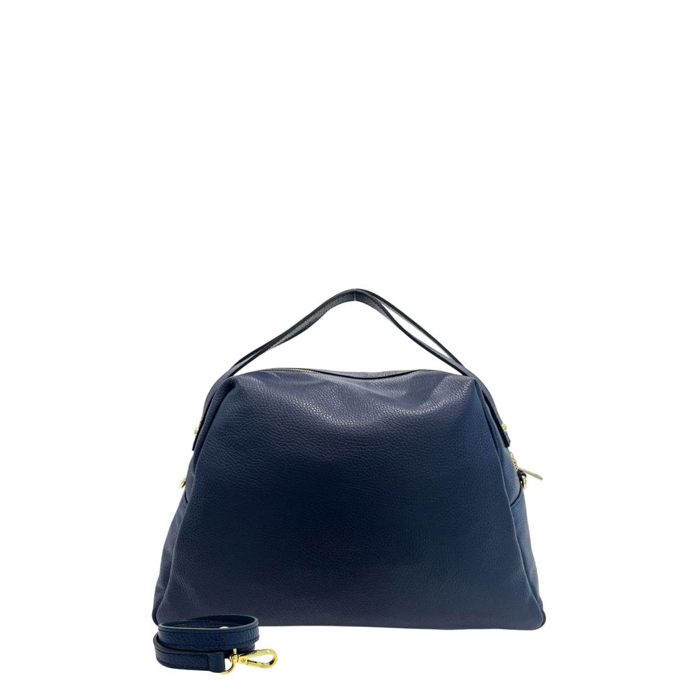 Shoulder Clutch Handbag by Baldinini Trend for women in cowhide blue & gold features a sculptural silhouette with a secure zipper, ample built-in-compartments, and versatile shoulder-strap for a sculptural finish.