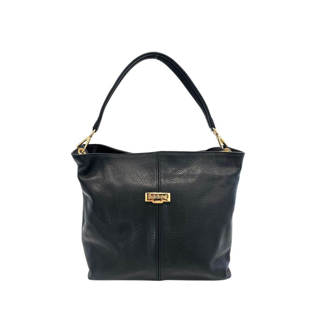 Shoulder Clutch Handbag by Baldinini Trend for women in cowhide black & gold features a statuesque silhouette, showcasing a secure zipper and organized built-in-compartments with versatile shoulder-strap for statuesque evening wear.