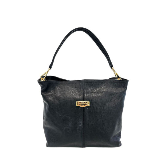 Shoulder Clutch Handbag by Baldinini Trend for women in cowhide black & gold features a statuesque silhouette, showcasing a secure zipper and organized built-in-compartments with versatile shoulder-strap for statuesque evening wear.