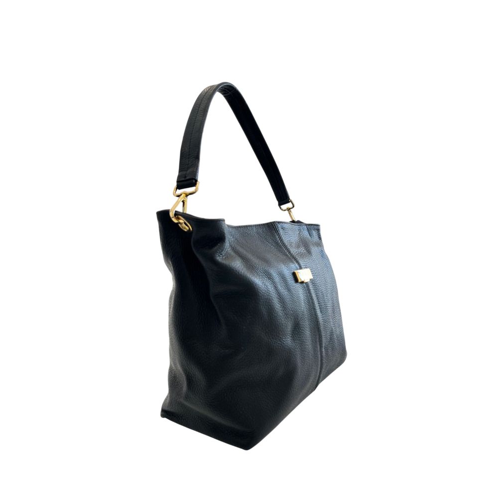 Shoulder Clutch Handbag by Baldinini Trend for women in cowhide black & gold features an sculptural silhouette, showcasing a secure zipper and sculptural built-in-compartments with versatile shoulder-strap for a sophisticated look.