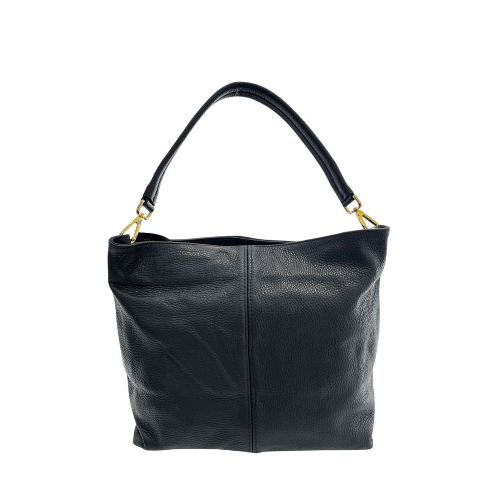 Shoulder Clutch Handbag by Baldinini Trend for women in cowhide black & gold showcases a sculptural silhouette, featuring a secure zipper, ample built-in-compartments, and versatile shoulder-strap for a sculptural finish.