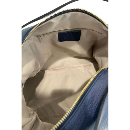 Shoulder Clutch Handbag by Baldinini Trend for women in cowhide blue & gold showcases a sculptural silhouette, featuring a secure zipper, ample built-in-compartments, and versatile shoulder-strap for a sculptural aesthetic.