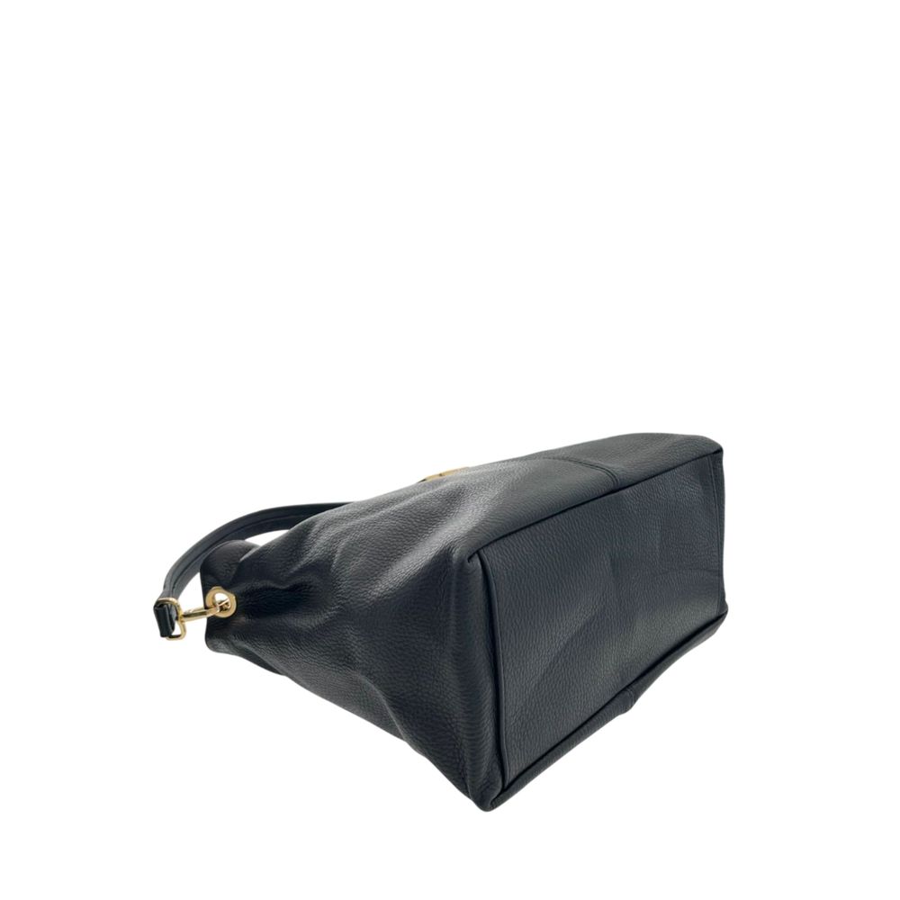 Shoulder Clutch Handbag by Baldinini Trend for women in cowhide black & gold features a sculptural silhouette with a secure zipper, ample built-in-compartments, and versatile shoulder-strap for a sculptural finish.