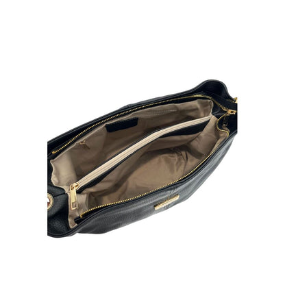 Shoulder Clutch Handbag by Baldinini Trend for women in cowhide black & gold features a sculptural silhouette with a secure zipper, organized built-in-compartments, and versatile shoulder-strap for a sculptural finish.