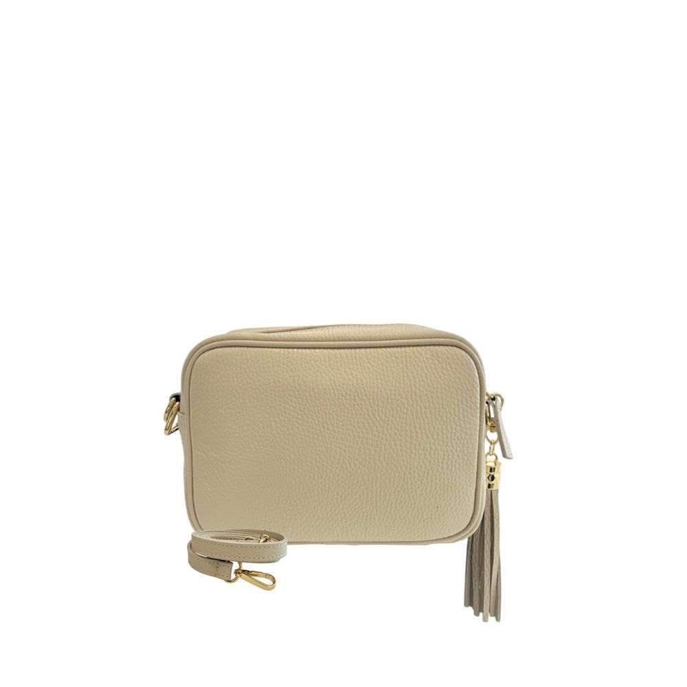 Crossbody Handbag by Baldinini Trend for women in cowhide beige & gold features a multifaceted silhouette, showcasing a secure zipper and multifaceted built-in-compartments with versatile crossbody-strap, shoulder-strap & adjustable-strap for multifaceted style.