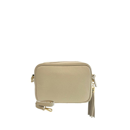 Crossbody Handbag by Baldinini Trend for women in cowhide beige & gold features a multifaceted silhouette, showcasing a secure zipper and multifaceted built-in-compartments with versatile crossbody-strap, shoulder-strap & adjustable-strap for multifaceted style.
