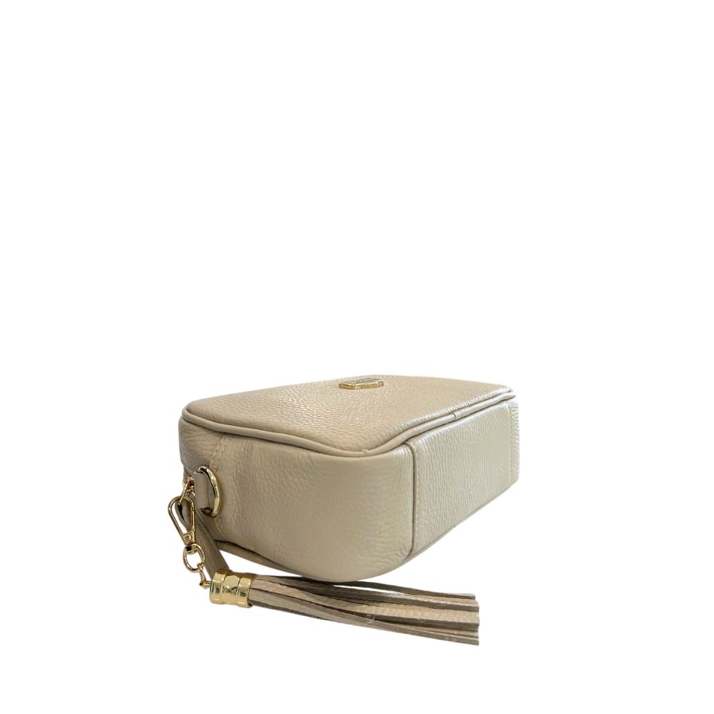 Crossbody Handbag by Baldinini Trend for women in cowhide beige & gold features a transformative sophistication silhouette, showcasing a secure zipper, ample built-in-compartments, and versatile crossbody-strap, shoulder-strap & adjustable-strap for a transformative sophistication look.
