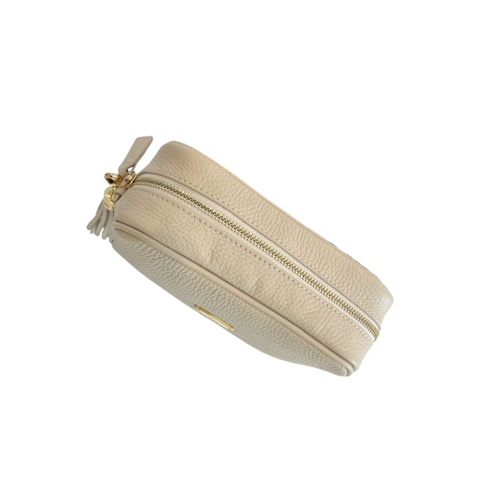 Crossbody Handbag by Baldinini Trend for women in cowhide beige & gold features a transformative elegance silhouette, showcasing a secure zipper, organized built-in-compartments, and versatile crossbody-strap, shoulder-strap & adjustable-strap for a transformative elegance look.