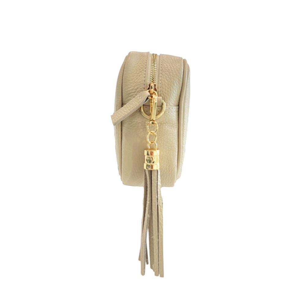 Crossbody Handbag by Baldinini Trend for women in cowhide beige & gold features a versatile chic silhouette, meticulously detailed with a secure zipper, ample built-in-compartments, and versatile crossbody-strap, shoulder-strap & adjustable-strap.