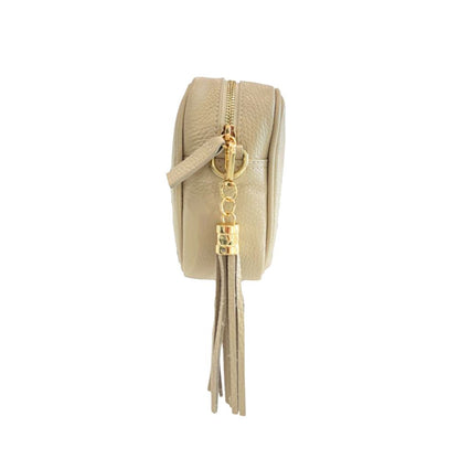 Crossbody Handbag by Baldinini Trend for women in cowhide beige & gold features a versatile chic silhouette, meticulously detailed with a secure zipper, ample built-in-compartments, and versatile crossbody-strap, shoulder-strap & adjustable-strap.
