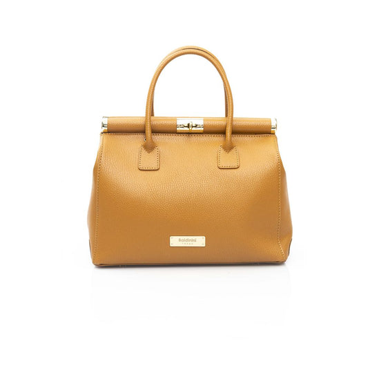 Shoulder Clutch Handbag by Baldinini Trend for women in cowhide brown & gold features a architectural silhouette, showcasing a secure zipper, ample built-in-compartments, and versatile shoulder-strap for a architectural finish.