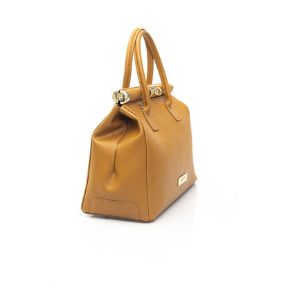 Shoulder Clutch Handbag by Baldinini Trend for women in cowhide brown & gold features a sculptural silhouette with a secure zipper, organized built-in-compartments, and versatile shoulder-strap for a sculptural finish.