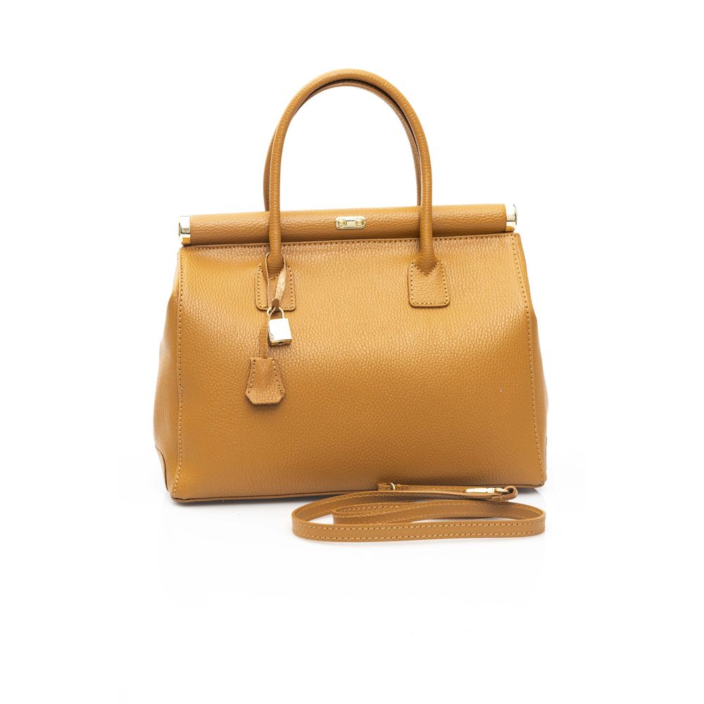 Shoulder Clutch Handbag by Baldinini Trend for women in cowhide brown & gold features a sculptural silhouette with a secure zipper, ample built-in-compartments, and versatile shoulder-strap for a sculptural finish.