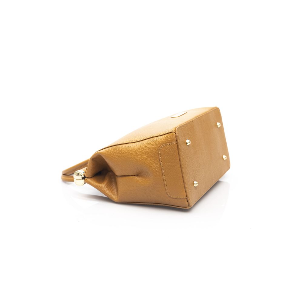 Shoulder Clutch Handbag by Baldinini Trend for women in cowhide brown & gold showcases a sculptural silhouette, featuring a secure zipper, ample built-in-compartments, and versatile shoulder-strap for a sculptural finish.