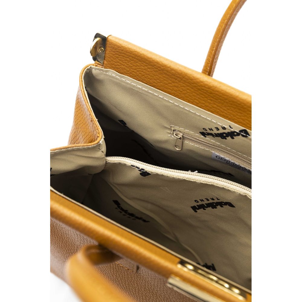 Shoulder Clutch Handbag by Baldinini Trend for women in cowhide brown & gold showcases a sculptural silhouette, featuring a secure zipper, ample built-in-compartments, and versatile shoulder-strap for a sculptural aesthetic.