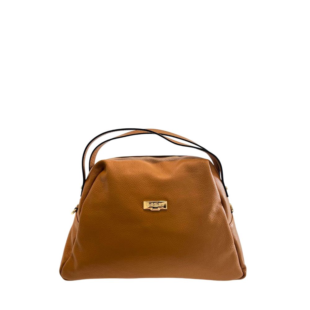 Shoulder Clutch Handbag by Baldinini Trend for women in cowhide brown & gold features a architectural silhouette, showcasing a secure zipper, ample built-in-compartments, and versatile shoulder-strap for a architectural finish.