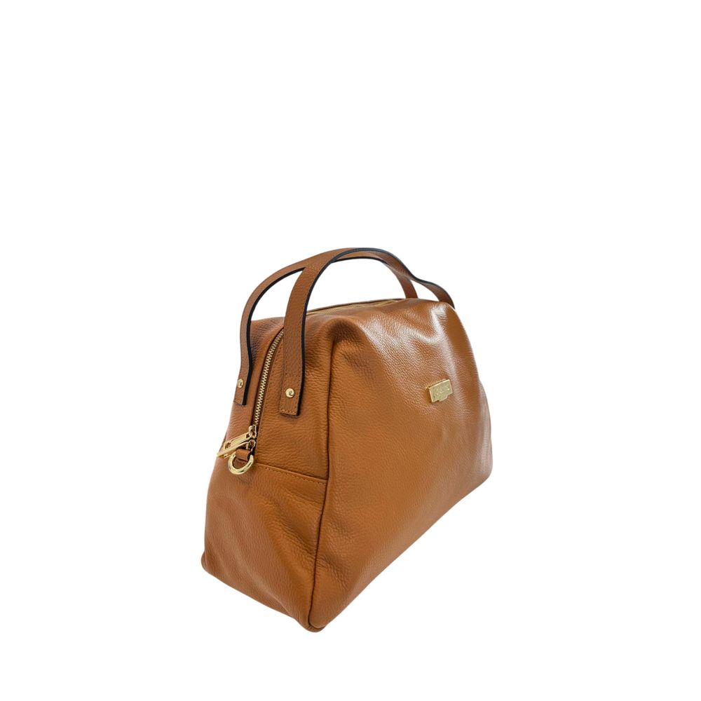 Shoulder Clutch Handbag by Baldinini Trend for women in cowhide brown & gold features an sculptural silhouette, showcasing a secure zipper and sculptural built-in-compartments with versatile shoulder-strap for a sophisticated look.