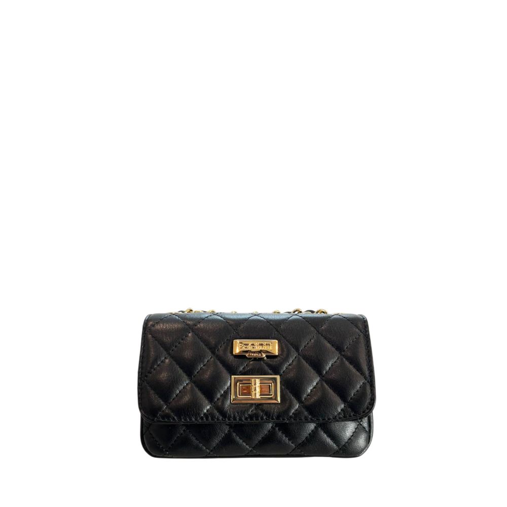 Mini 2-in-1 Shoulder & Crossbody Handbag by Baldinini Trend for women in cowhide black & gold features a transformative elegance silhouette, showcasing a secure , organized , and versatile crossbody-strap & shoulder-strap for a transformative elegance look.