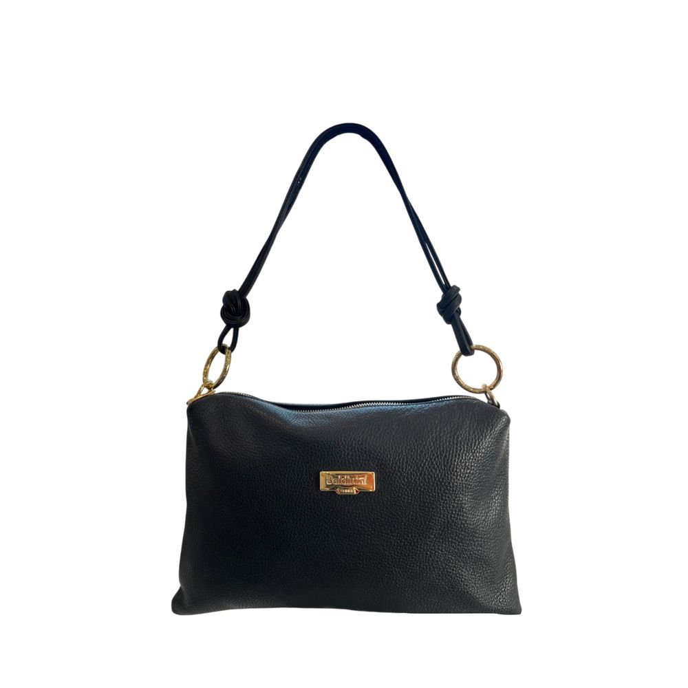 Shoulder Clutch Handbag by Baldinini Trend for women in cowhide black & gold features a sculptural silhouette with a secure zipper, ample built-in-compartments, and versatile shoulder-strap for a sculptural finish.