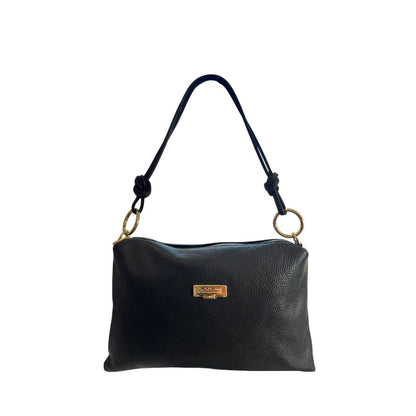 Shoulder Clutch Handbag by Baldinini Trend for women in cowhide black & gold features a sculptural silhouette with a secure zipper, ample built-in-compartments, and versatile shoulder-strap for a sculptural finish.