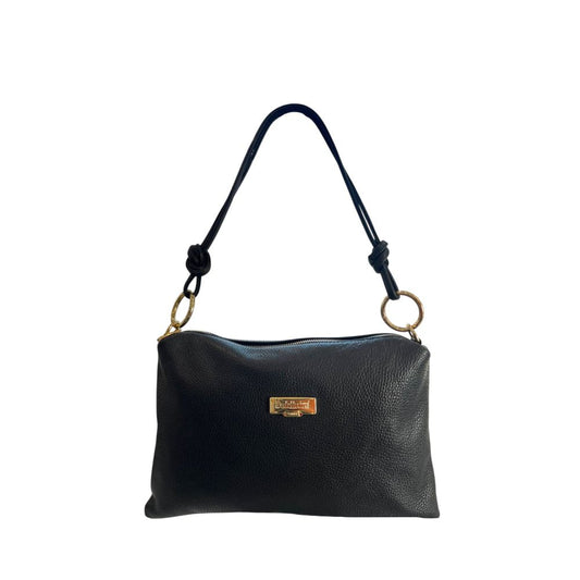 Shoulder Clutch Handbag by Baldinini Trend for women in cowhide black & gold features a sculptural silhouette with a secure zipper, ample built-in-compartments, and versatile shoulder-strap for a sculptural finish.