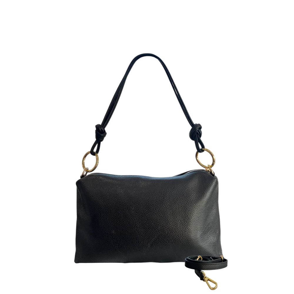 Shoulder Clutch Handbag by Baldinini Trend for women in cowhide black & gold showcases a sculptural silhouette, featuring a secure zipper, ample built-in-compartments, and versatile shoulder-strap for a sculptural aesthetic.